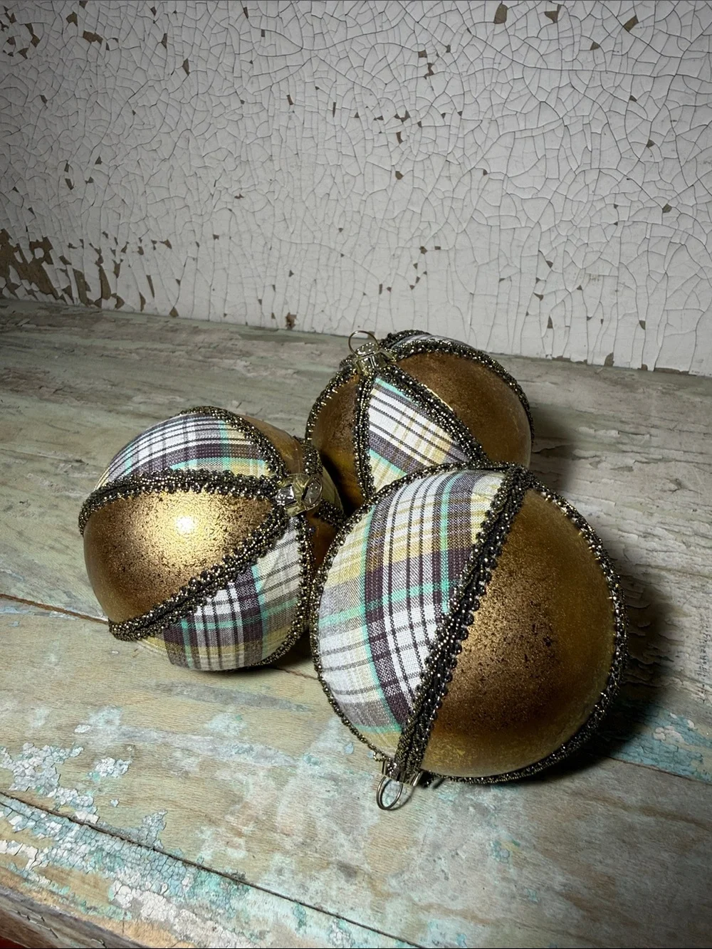 3 - 3” Gold & Blue Plaid Holiday Ornament Set - Home Holiday